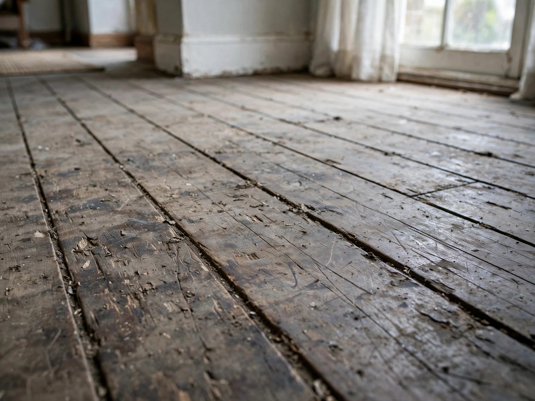 The same timber floor before cleaning, covered in dirt, debris and scuff marks