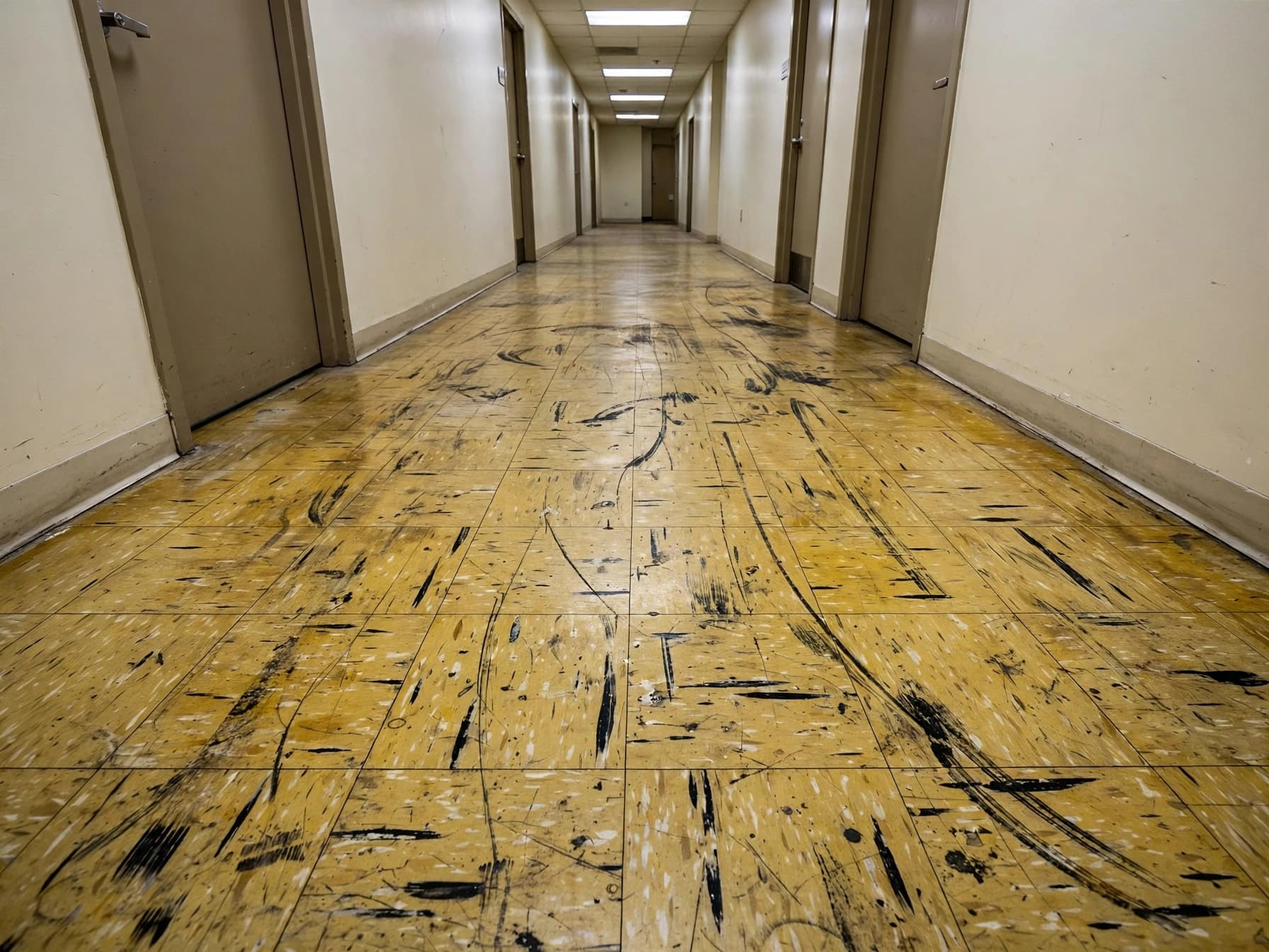 The same corridor before the strip and seal: yellowed vinyl tile with black scuff marks